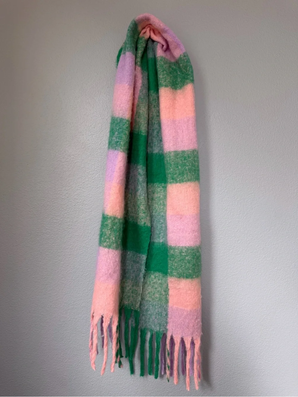 Pink and Green Checked Fringe Scarf - Women's Cozy Wrap